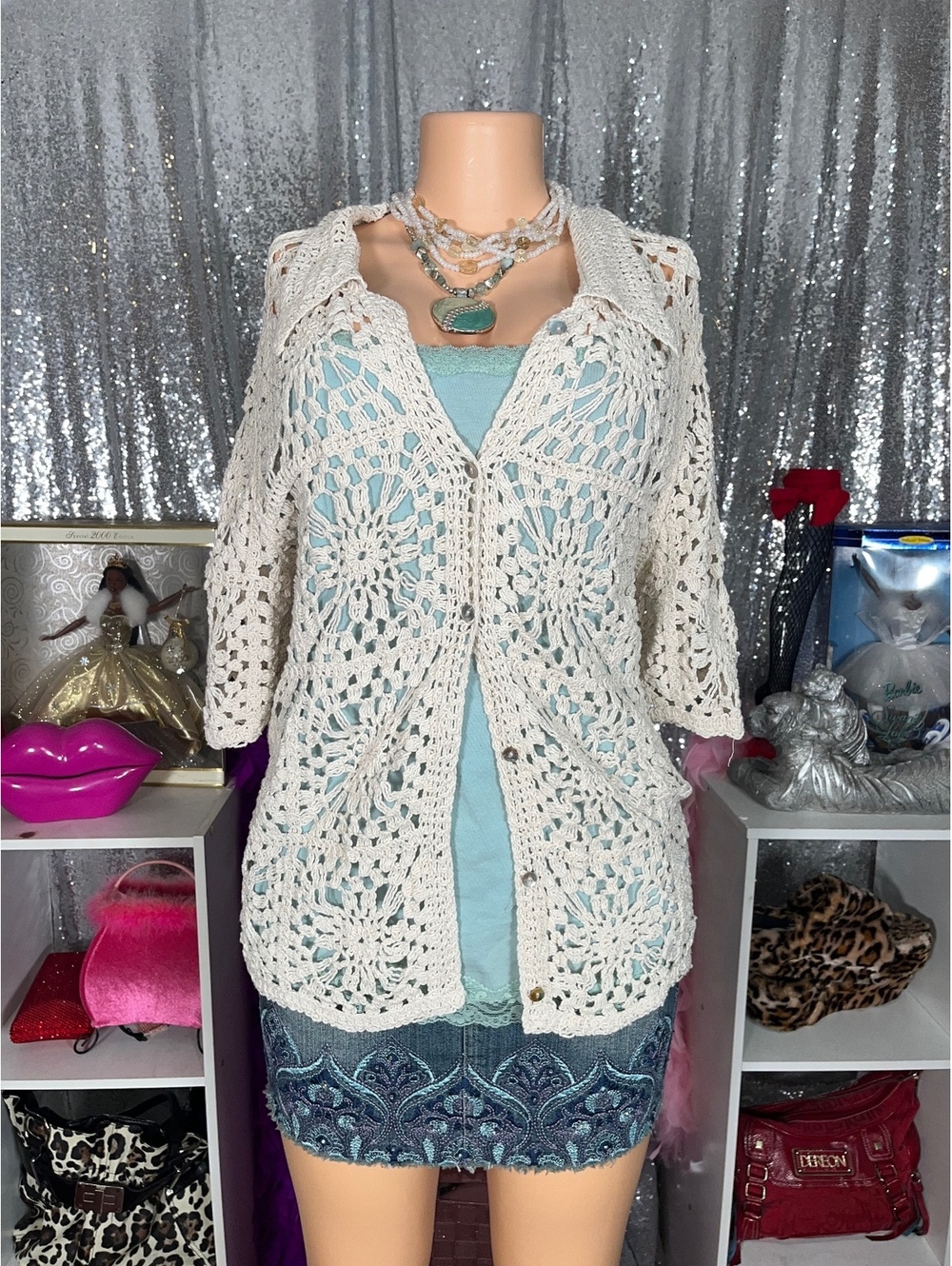 Ultra Pink cream crochet granny square button up top
